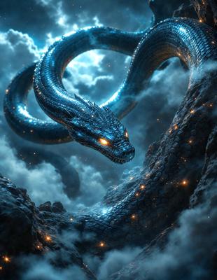 Primary subject: A large, blue, glowing snake.

Setting/background: The snake is surrounded by a cloudy sky, and it appears to be in a cave or a similar enclosed space.

Visual style: The image is a digital art or illustration, featuring a detailed and vibrant snake.

Colors and mood: The snake has a blue glow, and the overall atmosphere is mysterious and captivating.